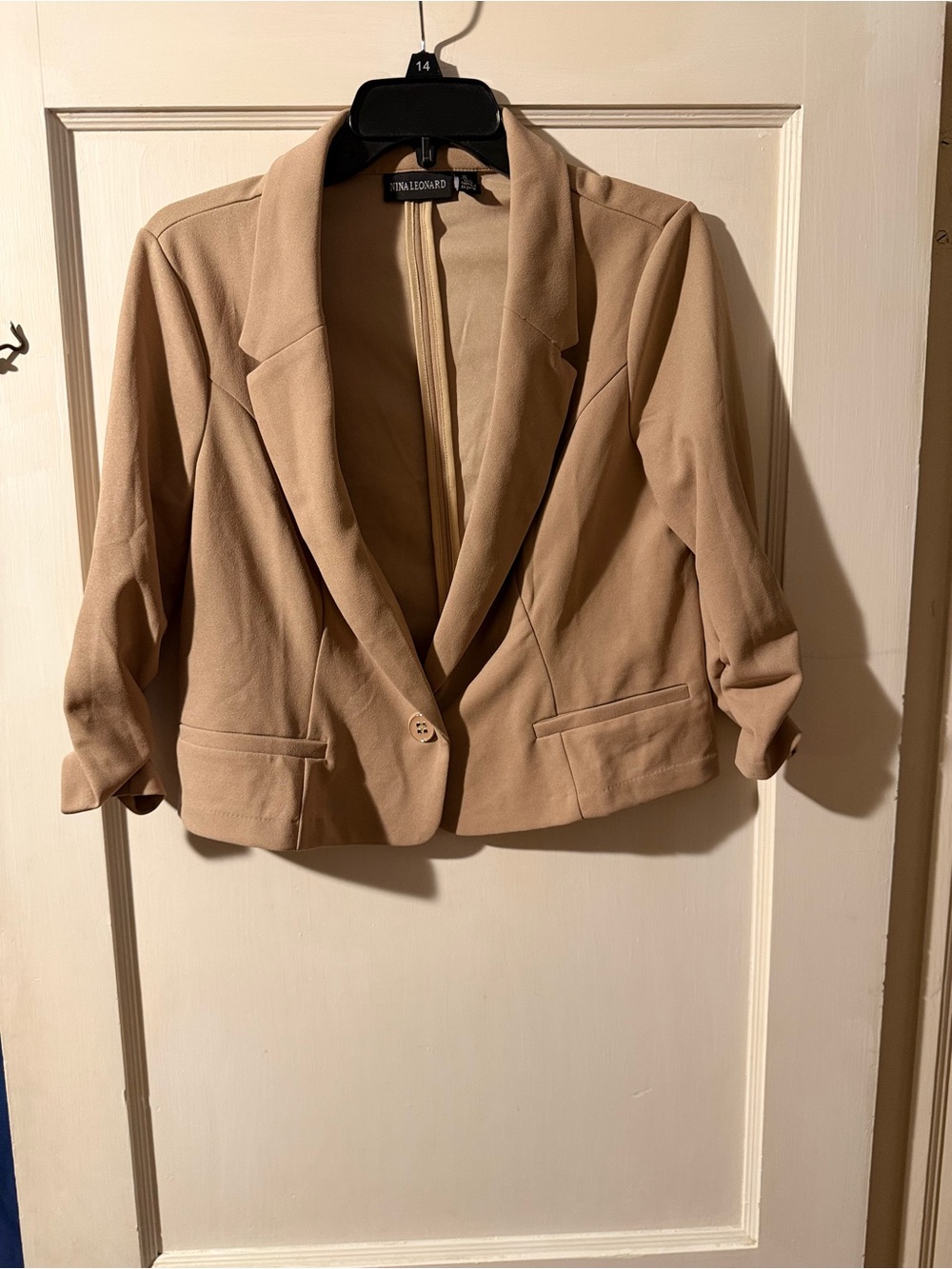 Nina Leonard Tan Cropped Blazer with Notched Lapel